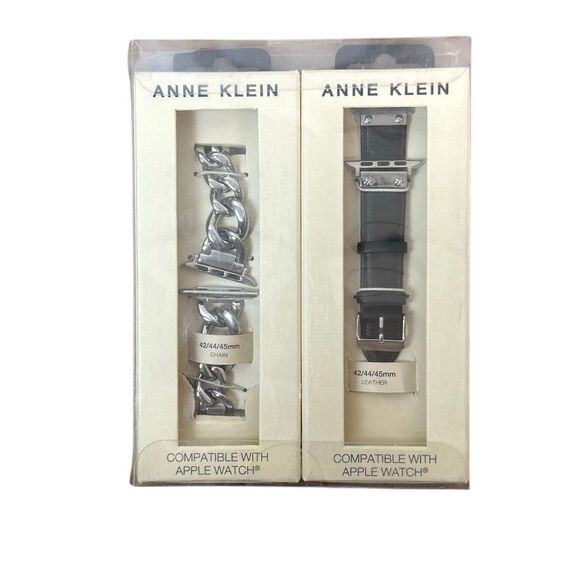 Anne Klein 2x Apple Watch 42/44/45 Band Silver Chain and Black Leather NIB - Picture 1 of 2